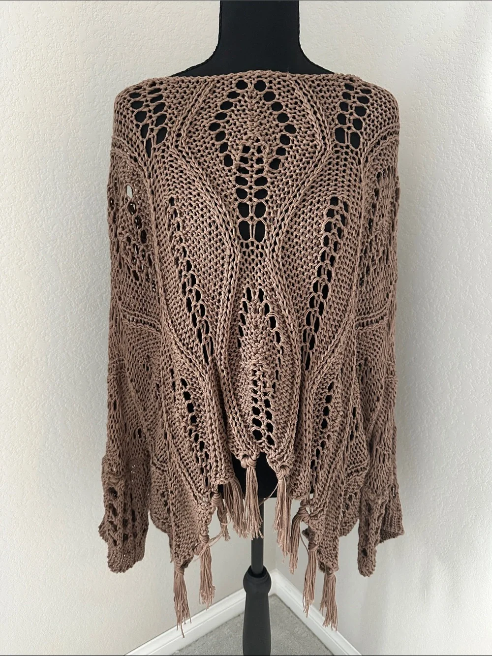 Fringed Open-Knit Poncho Shrug in Taupe